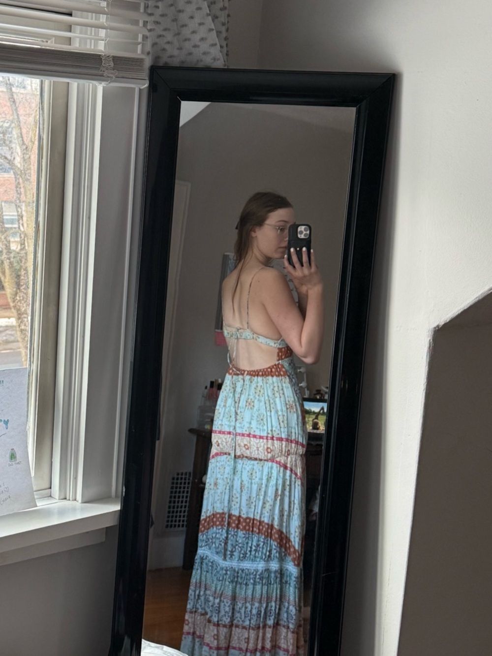 Bohemian V-Neck Maxi Dress in Light Blue and Rust - Picture 4 of 6